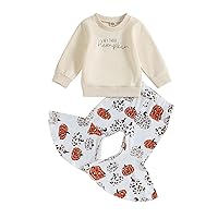 Toddler Baby Girl Halloween Outfit Hey Pumpkin Crewneck Sweatshirt Shirt Pullover Bell Bottom Pants Fall Outfits (Beige-Pumpkin, 6-12 Months)