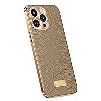 Leather Case for iPhone 15 Pro Max/15 Pro/15 Plus/15, Electroplated PC Genuine Leather Cover with Lens Protection Ultra Thin Luxury Case,Grey,15 Plus 6.7''