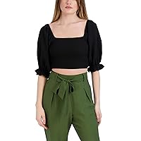 BCBGeneration Women's Fitted Short Puff Sleeve Smocked Bodice Crop Top