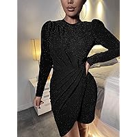 Women Dresses Asymmetric Hem Glitter Gigot Sleeve Dress (Color : Black, Size : X-Large)