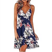 Womens Summer Floral Tie Dye Wrap V Neck Adjustable Spaghetti Straps Casual Ruffle Dress Irregular High Low Hem Sundress