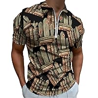 Vintage Books Cactus Men's Zippered Polo Shirts Short Sleeve Golf T-Shirt Regular Fit Casual Tees