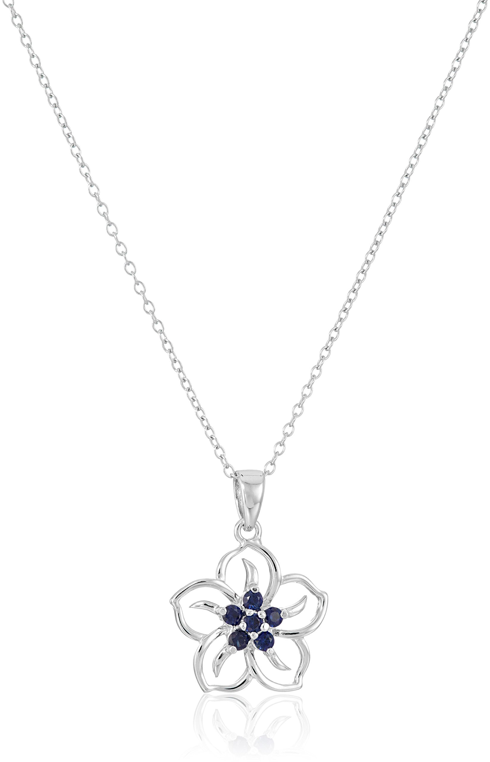 Amazon Collection Sterling Silver Created Blue Sapphire Flower Pendant Necklace, 18