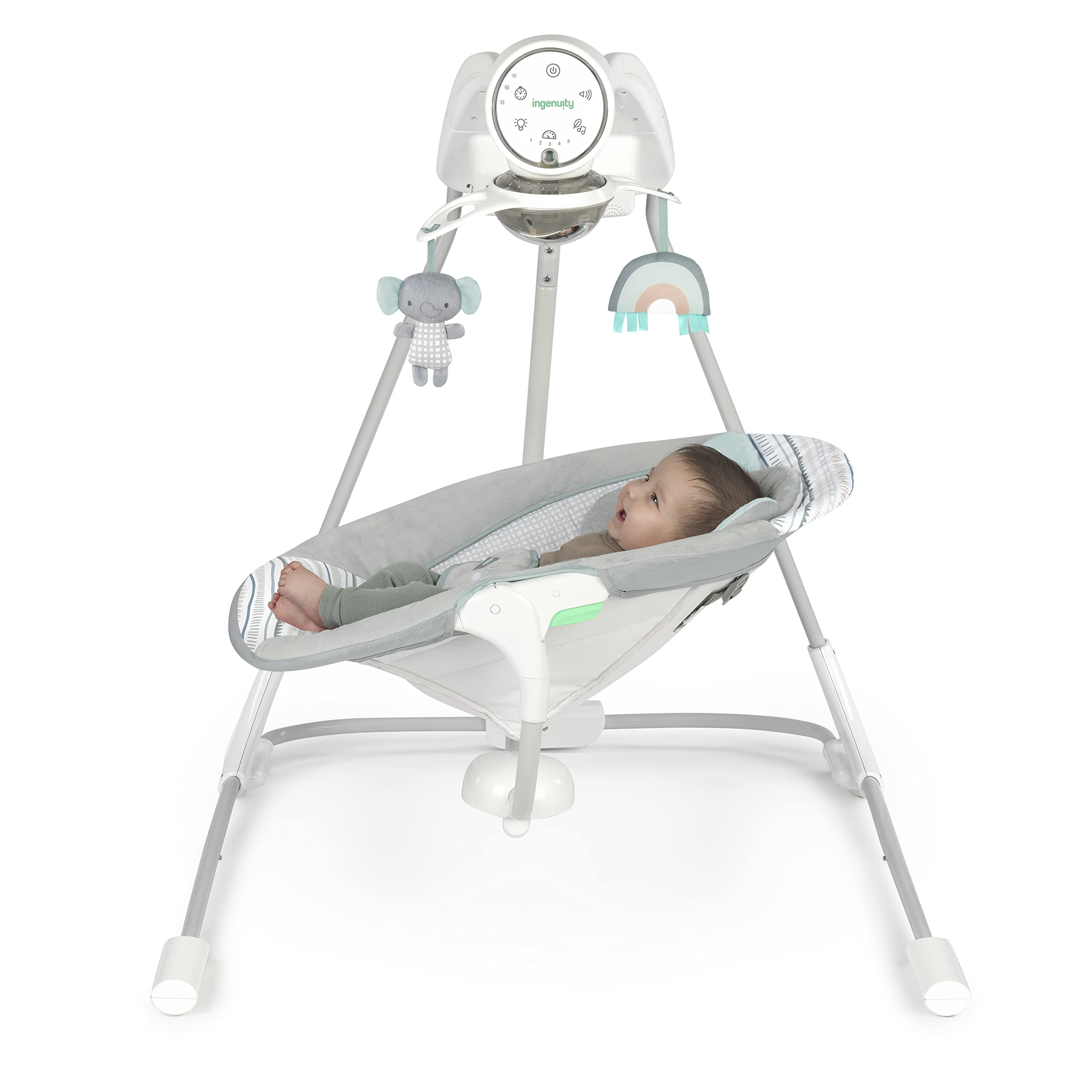 Ingenuity InLighten 5-Speed Baby Swing - Swivel Infant Seat, 5 Point Safety Harness, Nature Sounds, Lights - Van Elephant