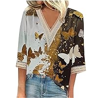 Women Crochet Tops Elbow Sleeve Boho Floral Shirts for Work Half Sleeve Tie Dye Summer Blouses 2024 Holiday Clothes