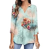 Women Bohemian 3/4 Sleeve Turn Down Collar Tunic Tops Summer Fashion Floral Dressy Casual Loose Fit Tee Blouses