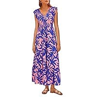 PRETTYGARDEN Women's Summer Flowy Maxi Dress Casual Cap Sleeve V Neck Smocked Beach Sundress
