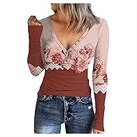 Women's Vintage Henley T-Shirts Casual Long Sleeve Ribbed Shirt Classic Scoop Neck Slim Fit Tops Blouses