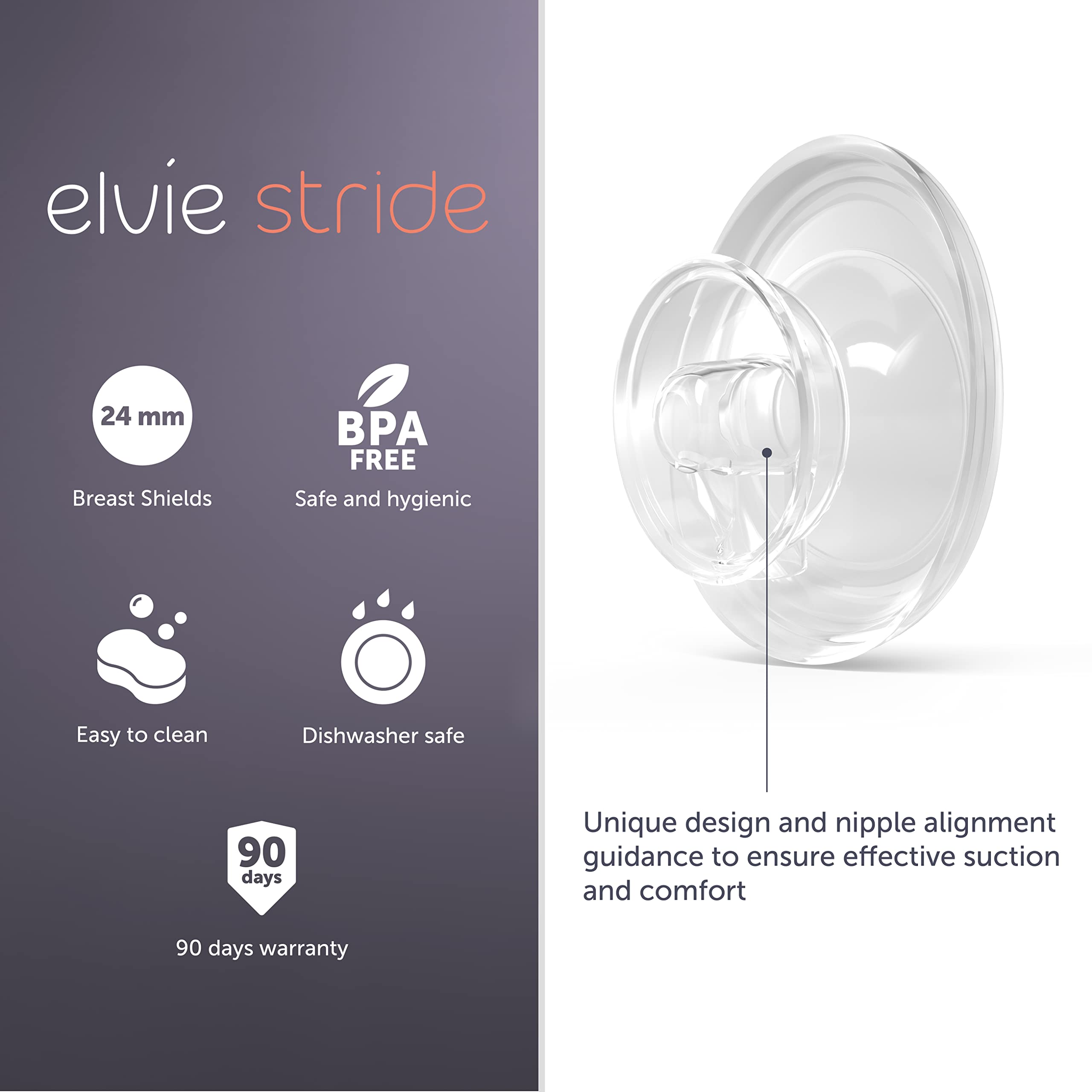 Elvie Stride Breast Pump Breast Shield - 24mm | 2 Pack | Nipple Shield Flange for Pumping Breast Milk | Breastfeeding Essentials for Electric Breast Pumps | BPA Free, Dishwasher Safe