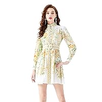 LAI MENG FIVE CATS Women's Floral Print Button up Lantern Sleeve Casual Shirt Dress A-line Mini Dress