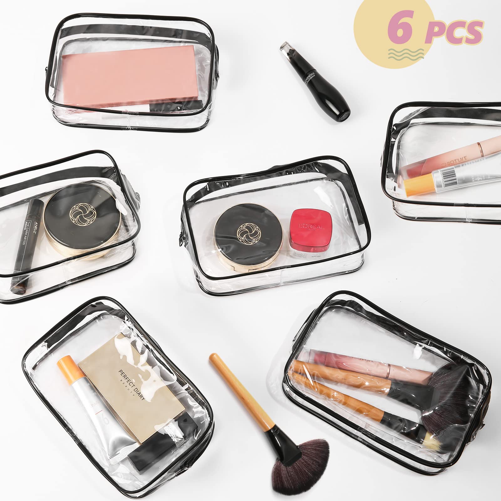 AURUZA 6 Packs Clear Cosmetics Bag with Zipper,Portable PVC Toiletry Makeup Bag,Waterproof Makeup Bag Vinyl Plastic Organizer Case for Vacation & Travel Bathroom(Large, Transparent)