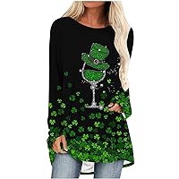Womens Long Tunics or Tops to Wear with Leggings Wine Glass Graphic T-Shirt St. Patrick's Day Shamrock Tee Tops
