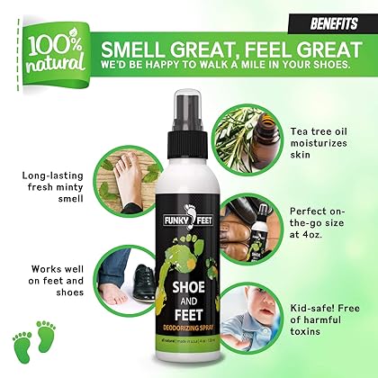 Funky Feet Foot Odor Spray - Shoe Spray Deodorizer & Odor Eliminator - No More Embarrassing Sneaker Smell - All Natural Foot Freshener with Tea Tree Oil & other Pure Odor Eaters for Shoes