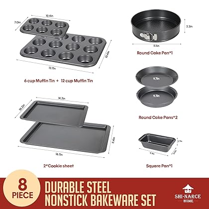 NARCE 8-Piece Nonstick Bakeware Set | Chef Favorites:Nonstick Baking Sheets,Loaf,Muffin,Pizza Pan,Pie Pan,Springform|