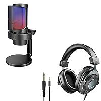 FIFINE Gaming Microphone and 3.5mm/6.35mm Studio Monitor Headphones, USB PC Condenser RGB Desktop Mic for Streaming, Podcasts, Studio Monitor Over-Ear Wired Headphones for Recording(A8+H8)