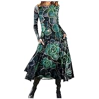 Fall Trendy Plus Size Christmas Dress,Winter Formal Long Sleeve Smocked Flowy Elegant Floral Casual Party Midi Dress