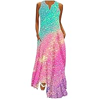 Maxi Dresses for Women Summer Casual Sundress Sleeveless Long Dresses Gradient V Neck Hawaiian Beach Maxi Dress