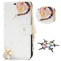 STENES LG Escape 2 Case - 3D Handmade Crystal Pretty Heart Pendant Flowers Sparkle Wallet Credit Card Slots Fold Media Stand Leather Cover With Dust Plug - White