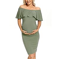 Ruffle Off Shoulder Fitted Maternity Dress, Ruched Side Bodycon Formal Pregnancy Dress for Baby Shower/Photography