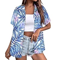 Hawaiian Shirts for Women Summer Tropical Print Casual Open Front with Short Sleeve Lapel Collar Beach Blouses