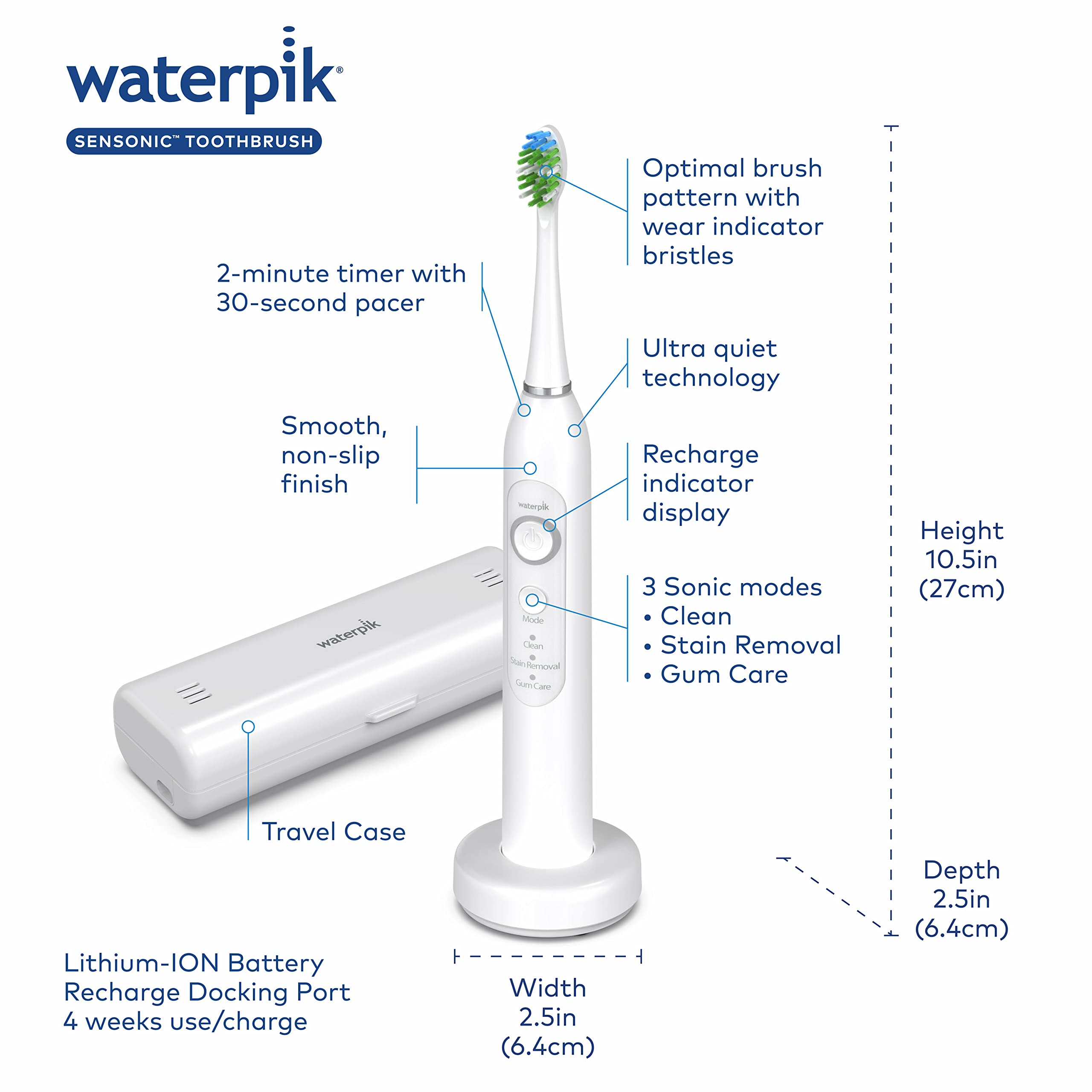 Waterpik Sensonic Sonic Electric Toothbrush, Rechargeable Toothbrush for Adults with 3 Modes, Travel Case, USB Charger, White STW-03W020