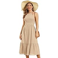IMEKIS Women Summer Halter Midi Dress Swiss Dot Tie Back Ruffle A-line Dress Sleeveless Smocked Backless Flowy Beach Sundress