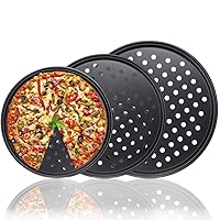 3 Pack Rounded Carbon Steel Pizza Pan with Holes Non-Stick Coating for Oven (12,11,9 Inch) and Versatile Usage for Home and Restaurant (Black)