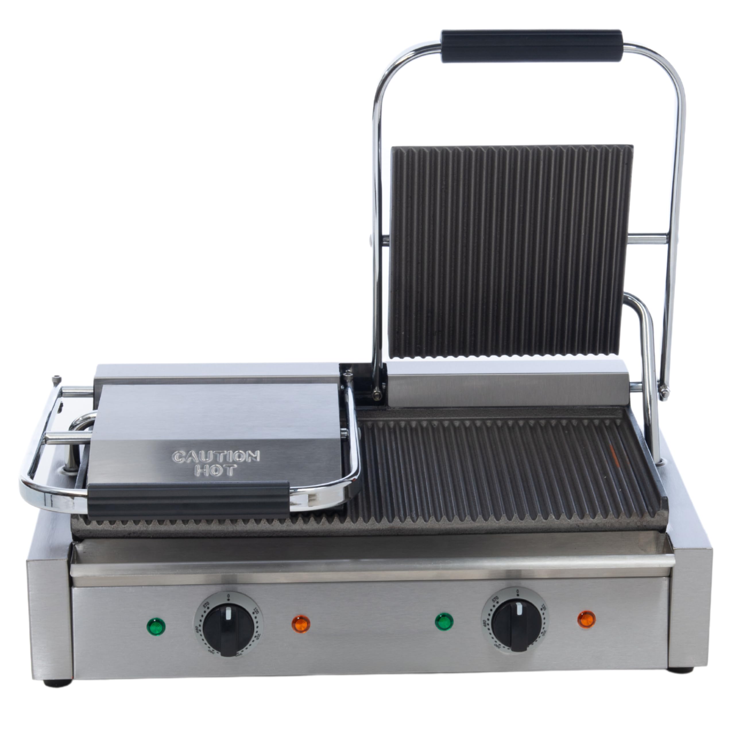 FSE SG-813 Double Electric Sandwich Panini Grill with Cast Iron Grooved Plates, Stainless Steel, Oil Tray, 120v