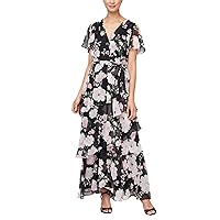 S.L. Fashions Women's Short Sleeve Tiered Skirt Long Maxi Surplice Neckline, Special Occasion Dress (Petite and Regular Sizes), BLK Multi