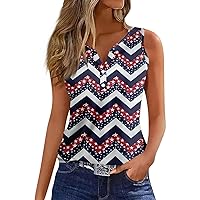 Womens Plus Size 4Th of July Tank Tops V Neck Button Down America Flag Shirt 2024 Henley Patriotic Sleeveless Blouse