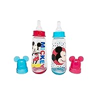 Disney Cudlie Mickey Mouse Baby Boy 2 Pack of 9 Oz Bottles with Removeable Character Molded Lid in Baby Mickey Star Print in Red & Blue