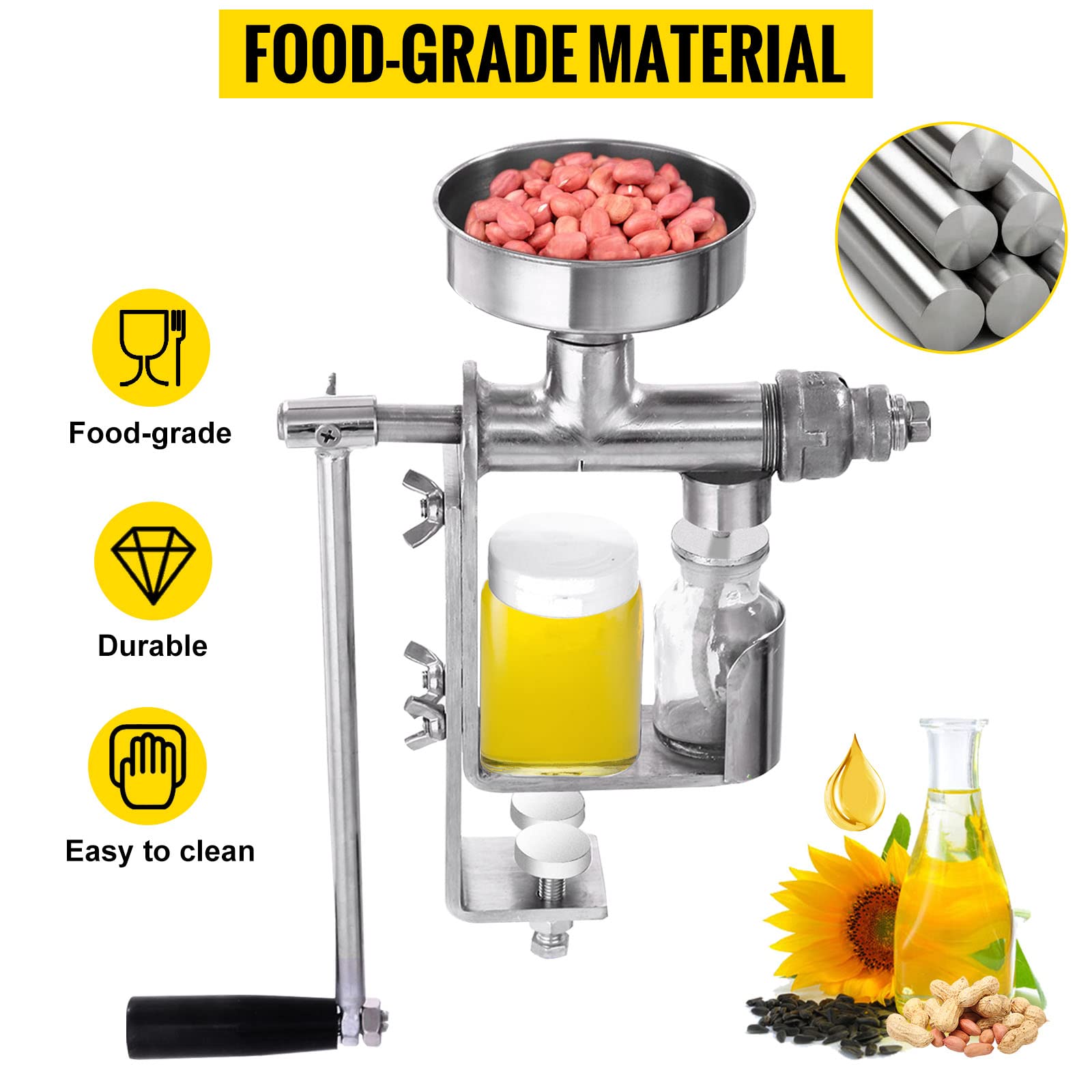 VBENLEM Manual Oil Press Stainless Steel Oil Press Machine Nut and Seed Oil Press Household