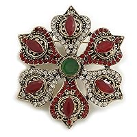 Vintage Inspired Turkish Style Crystal Flower Brooch/Pendant in Aged Gold Tone in Green/Red/Clear- 55mm Diameter