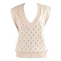 Womens Oversized Sleeveless Knitted Sweater Vest Crochet Flower V Neck Loose Solid Color Cable Knit Pullover Tops