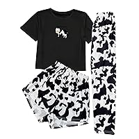 WDIRARA Women's 3 Pieces Sleepwear Cartoon Cow Print Top and Shorts with Pants Pajama Set
