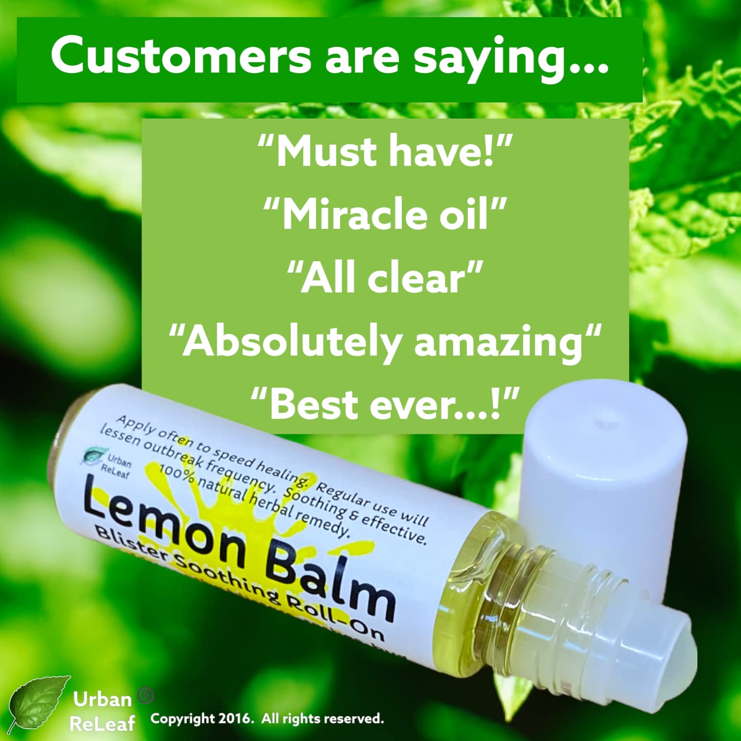 Urban ReLeaf Lemon Balm ROLL-ON! Quickly Soothe Blisters, Bumps, Rashes, Bug Bites. 100% Natural. Goodbye, Itchy red Bumps!