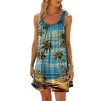 Spring Dresses for Women 2024 Printed Pleated Beach Dress Sleeveless Flowy Sun Dress Casual Vacation Trendy Dress