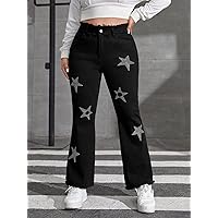 Women's Plus Size Jeans Plus Star Pattern Frayed Trim Flare Leg Jeans (Color : Black, Size : X-Large)