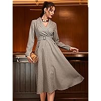 Women's Dress Dresses for Women Plaid Shawl Collar Belted Dress (Color : Multicolor, Size : XX-Large)