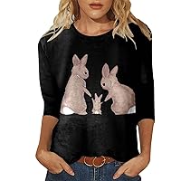 Women's Easter T Shirt 3/4 Sleeve Blouse Tops Cute Bunny Ears Gnomes Print Graphic Tee Crew Neck Loose Casual Shirt
