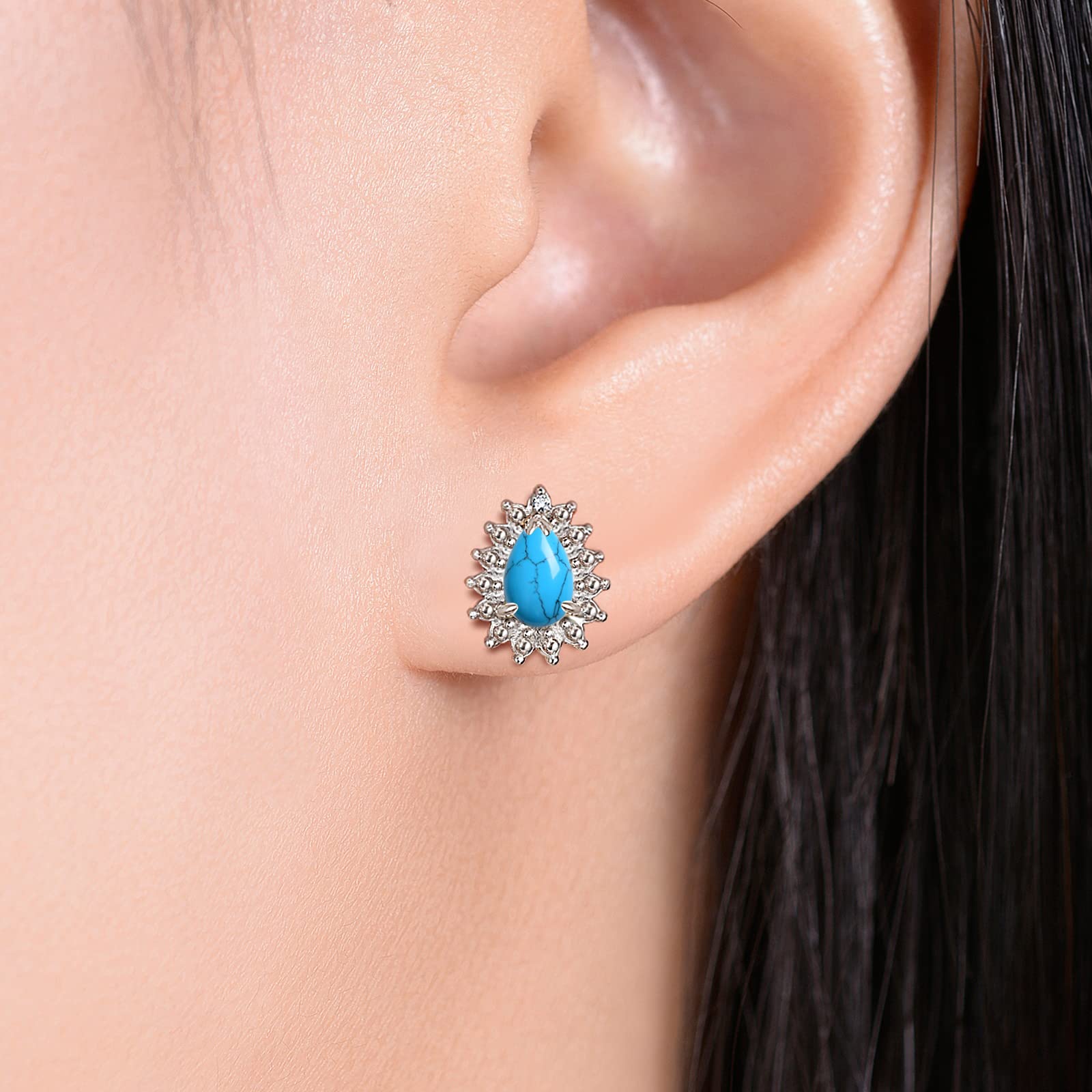 RYLOS 14K White Gold Halo Stud Earrings - 6X4MM Pear Shape Gemstone & Diamonds - Exquisite Birthstone Jewelry for Women & Girls