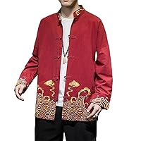 WOLONG Men Retro Linen Youth Trendy Cotton And Linen Embroidered Buckle Stand Up Collar Jacket Trendy And Versatile