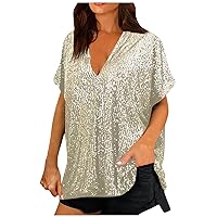 Women's Shirts and Blouses Tops V-Neck Short Sleeve Tops Loose Shiny for Dress Up Tops Party Short Blouse, S-5XL
