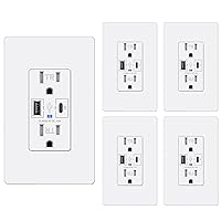 BESTTEN 30W PD 3.0 USB C Wall Outlet, 15 Amp Tamper-Resistant Receptacle Outlet with Type C & Type A Ports, Quick Charging Electrical Outlet, Screwless Wallplate Included, UL Listed, 5 Pack, White
