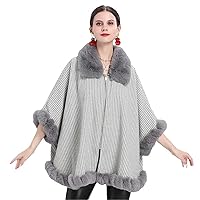 Loose Knit Imitated Cashmere Coat Lapel Zipper Poncho Full Trim Faux Fur Cape Overcoat Women Fall Winter Cloak