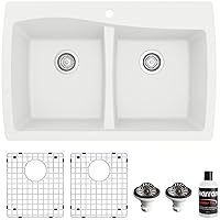 Karran QT-720 Drop-In Quartz Composite 34 in. 1-Hole 50/50 Double Bowl Kitchen Sink Kit in White