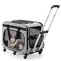 Extra Large Pet Carrier with Wheels for Small Dogs and All-Breed Cats, Cat Rolling Carrier for up to 4 Cats, Support up to 40 Lbs, Grey