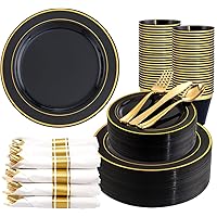 350 Pieces Black and Gold Plastic Plates with Disposable Silverware, Include 50 Dinner Plates 9”, 50 Dessert Plates 6.3”, 50 Gold Rim Black Cups 9 OZ, 50 Pre Rolled Napkins Packed in