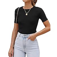 ZESICA Women's Short Sleeve Crewneck T Shirt 2024 Summer Ribbed Knit Slim Fit Basic Solid Color Tee Tops