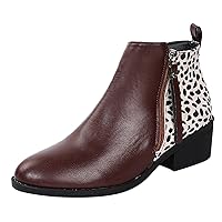 Women's Ankle Boots Non-Slip Leopard Print Square Heels Zipper Round Toe Short Booties Shoes